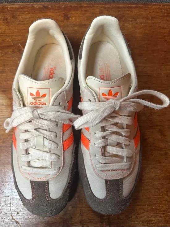 adidas Samba Cream Sneakers with Orange Stripes and Brown Suede - Picture 2 of 7